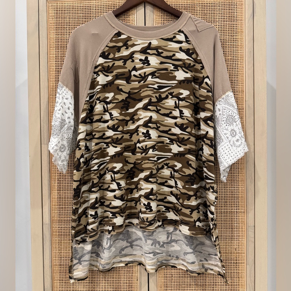 Camouflage Patterned Women's Top, 3/4 Sleeve Top, Camo Top, Large